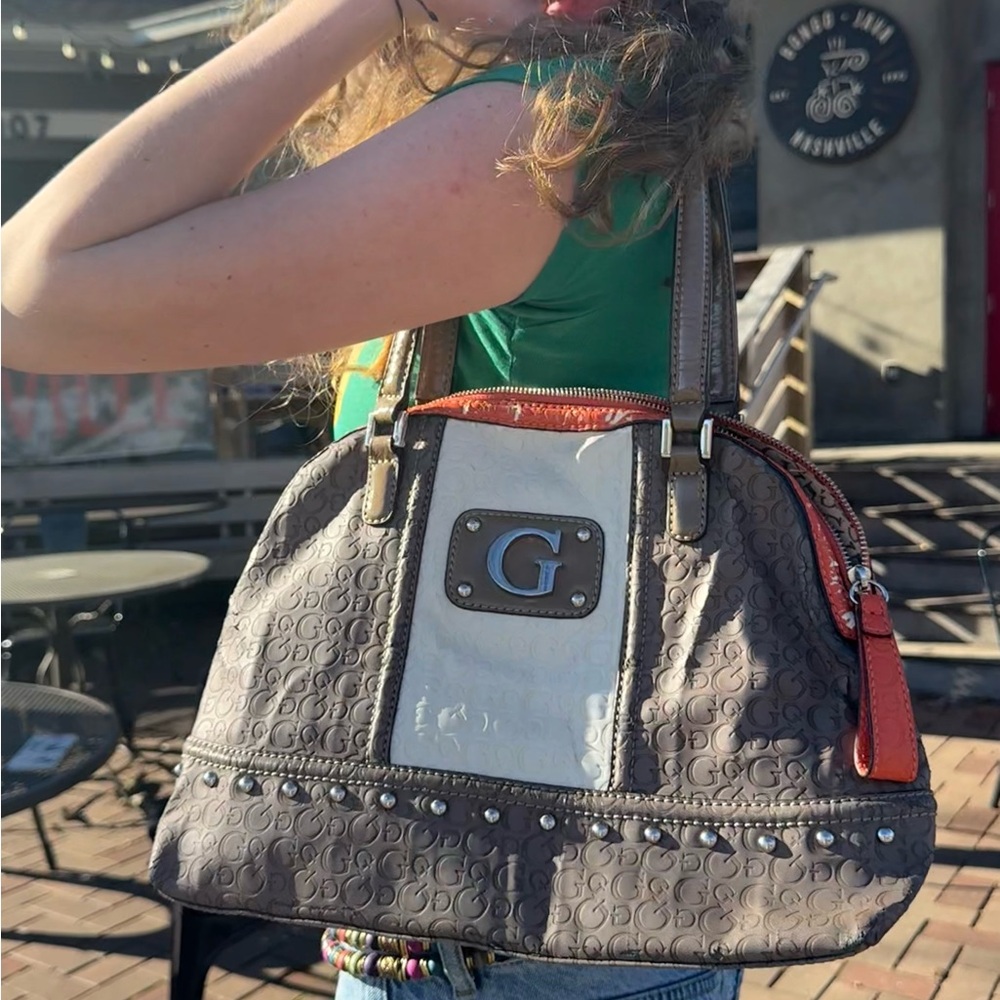 Brown/Gray Guess Shoulder Bag with Orange Zipper